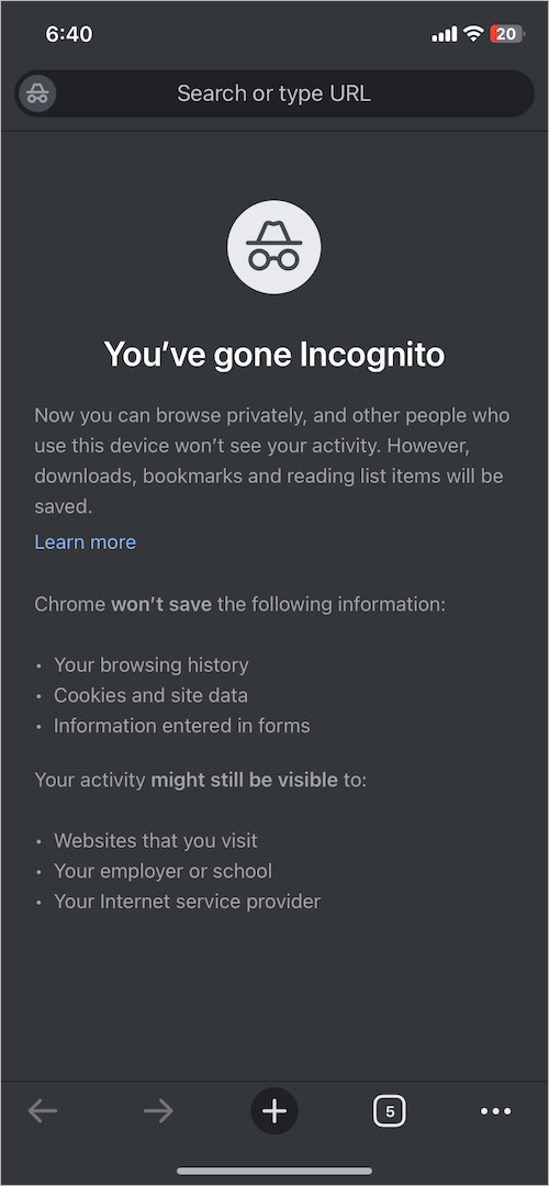 chrome Incognito mode on iphone
