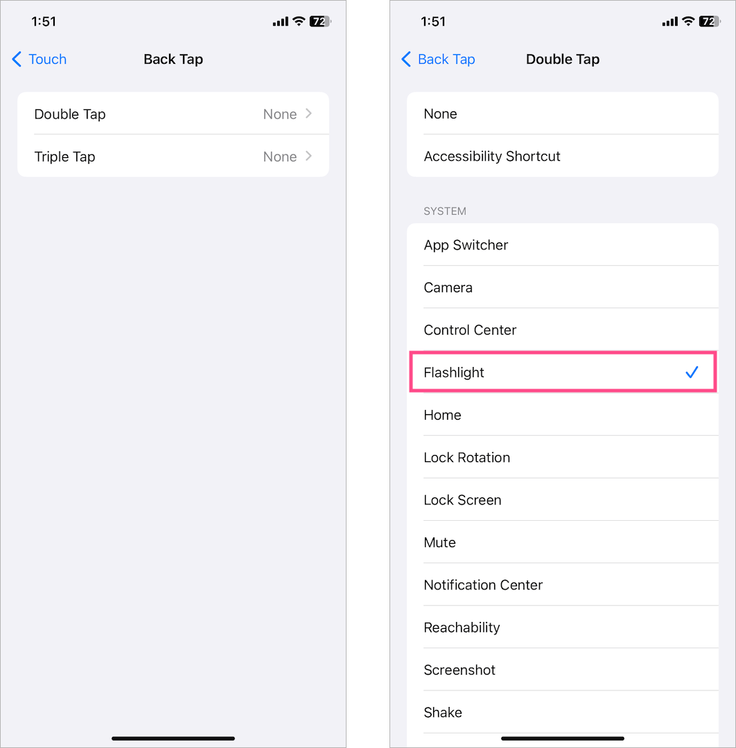 switch on flashlight using back tap on iPhone 15 or 15 pro