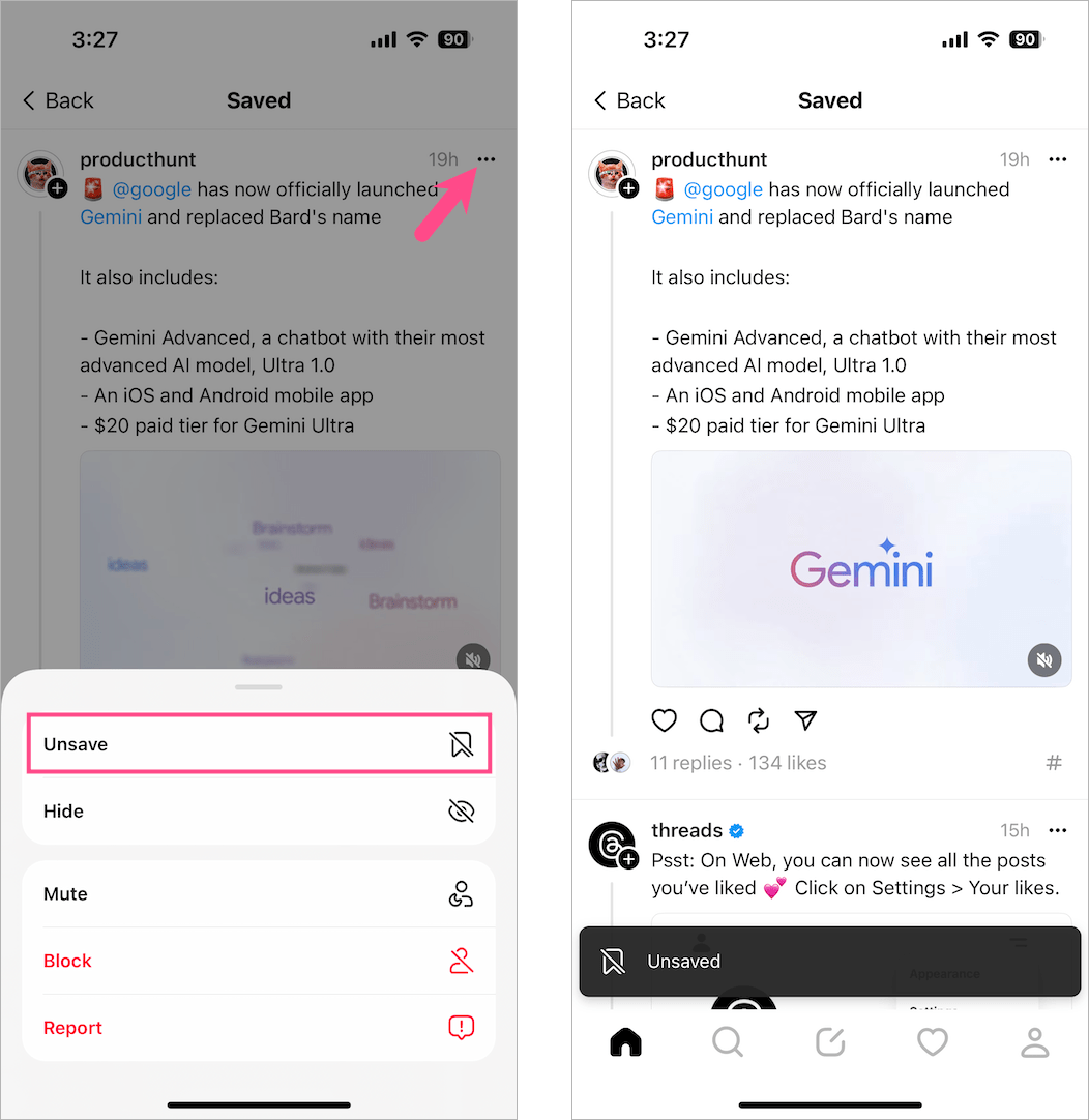 how to delete saved posts on the Threads app
