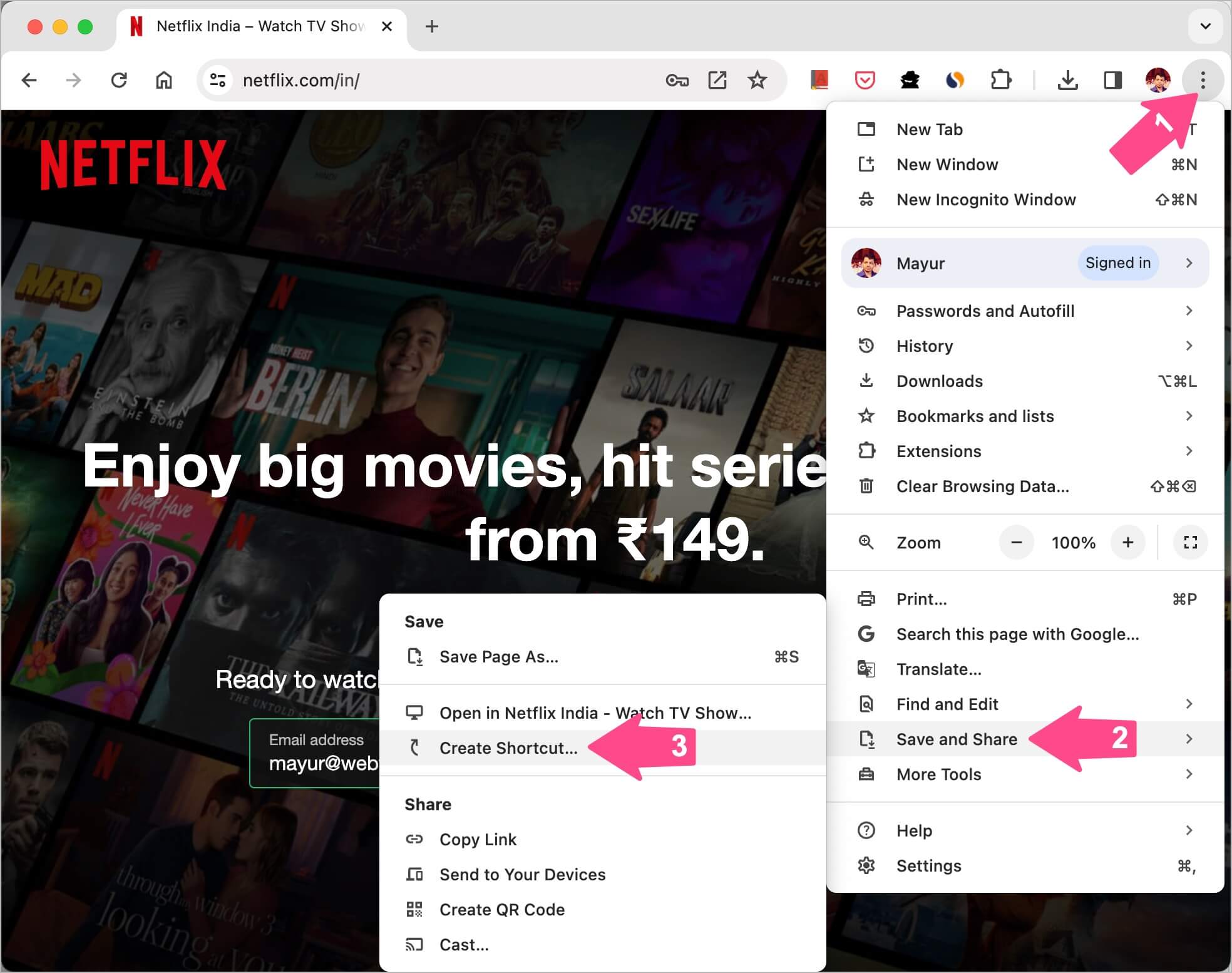 how to add Netflix shortcut on Mac using Chrome browser