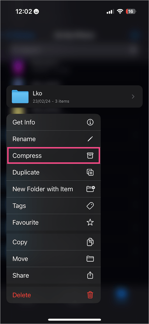 compress a folder on ios using the Files app
