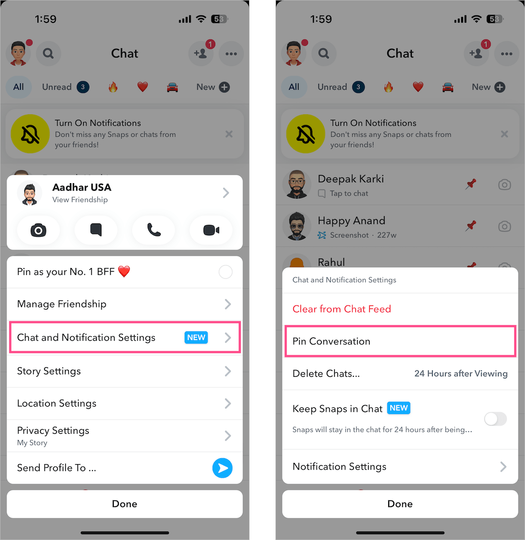 pin a conversation on snapchat