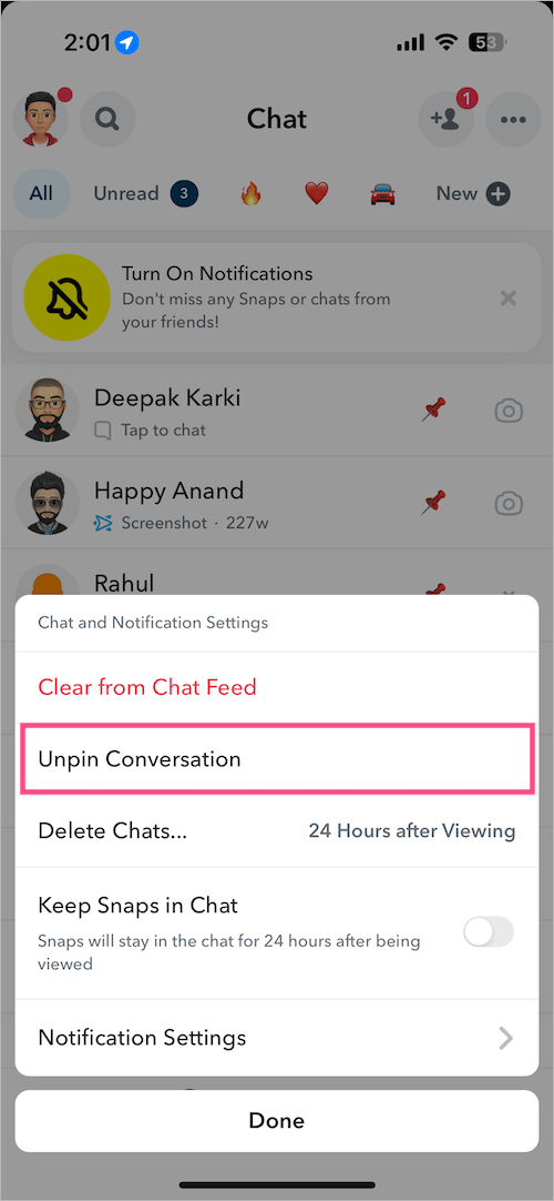 how to unpin a conversation on snapchat