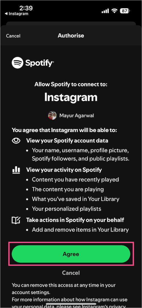how to connect spotify to instagram on iphone