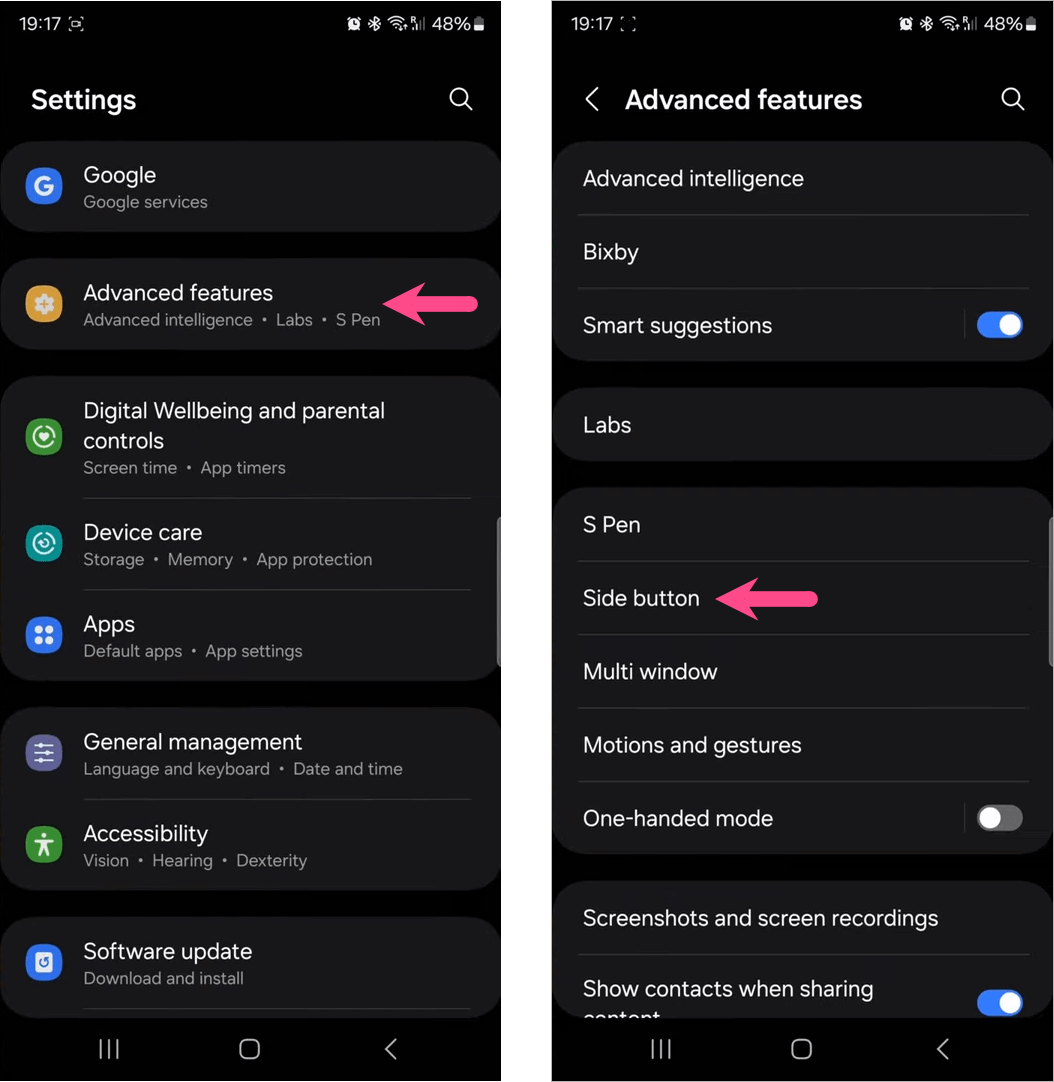 remap the side key on galaxy A56 and A36