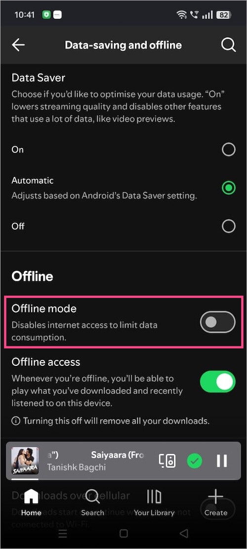 turning off offline mode on spotify app for android