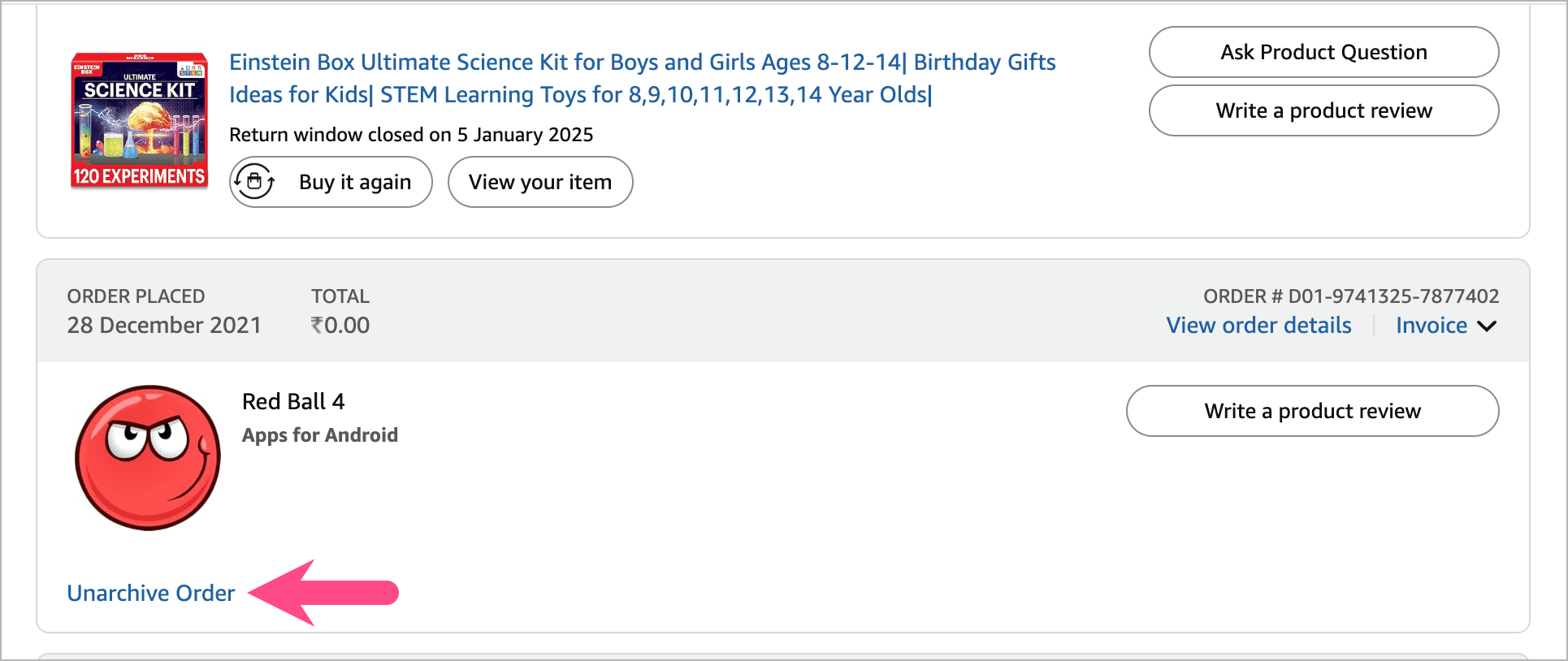 unarchive order option on amazon