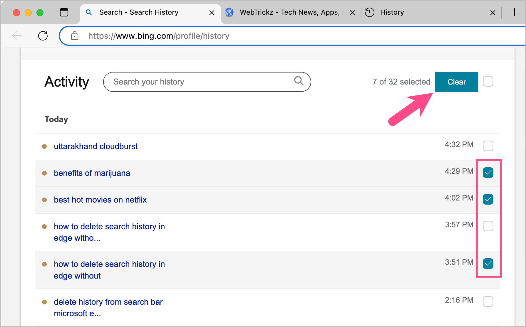 how to clear bing search history on computer 