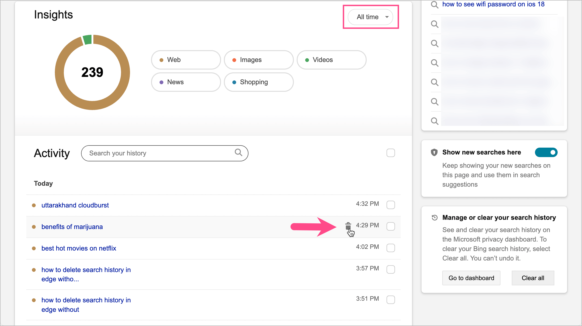 how to delete bing search history in microsoft edge