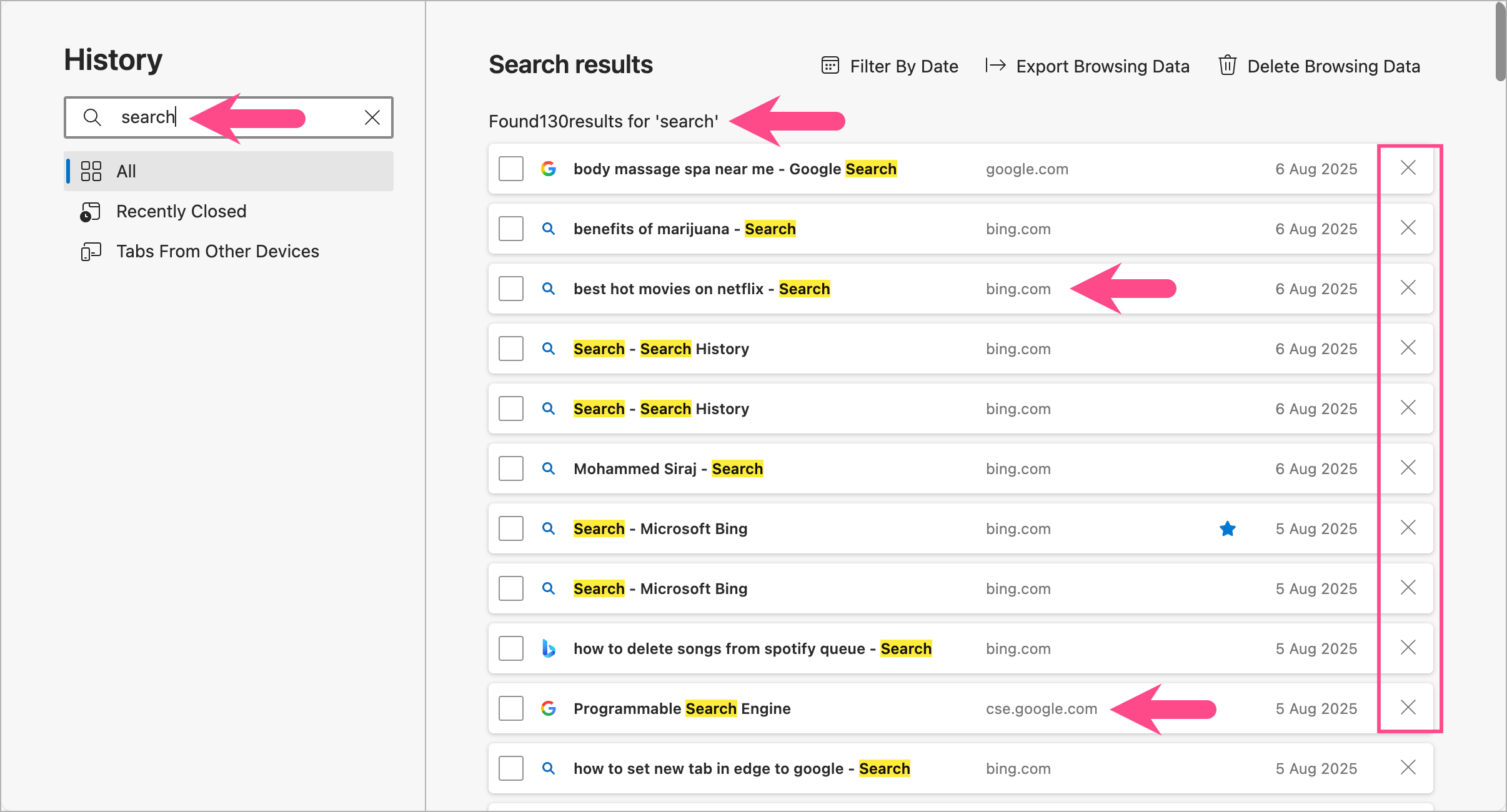 how to delete search history in microsoft edge