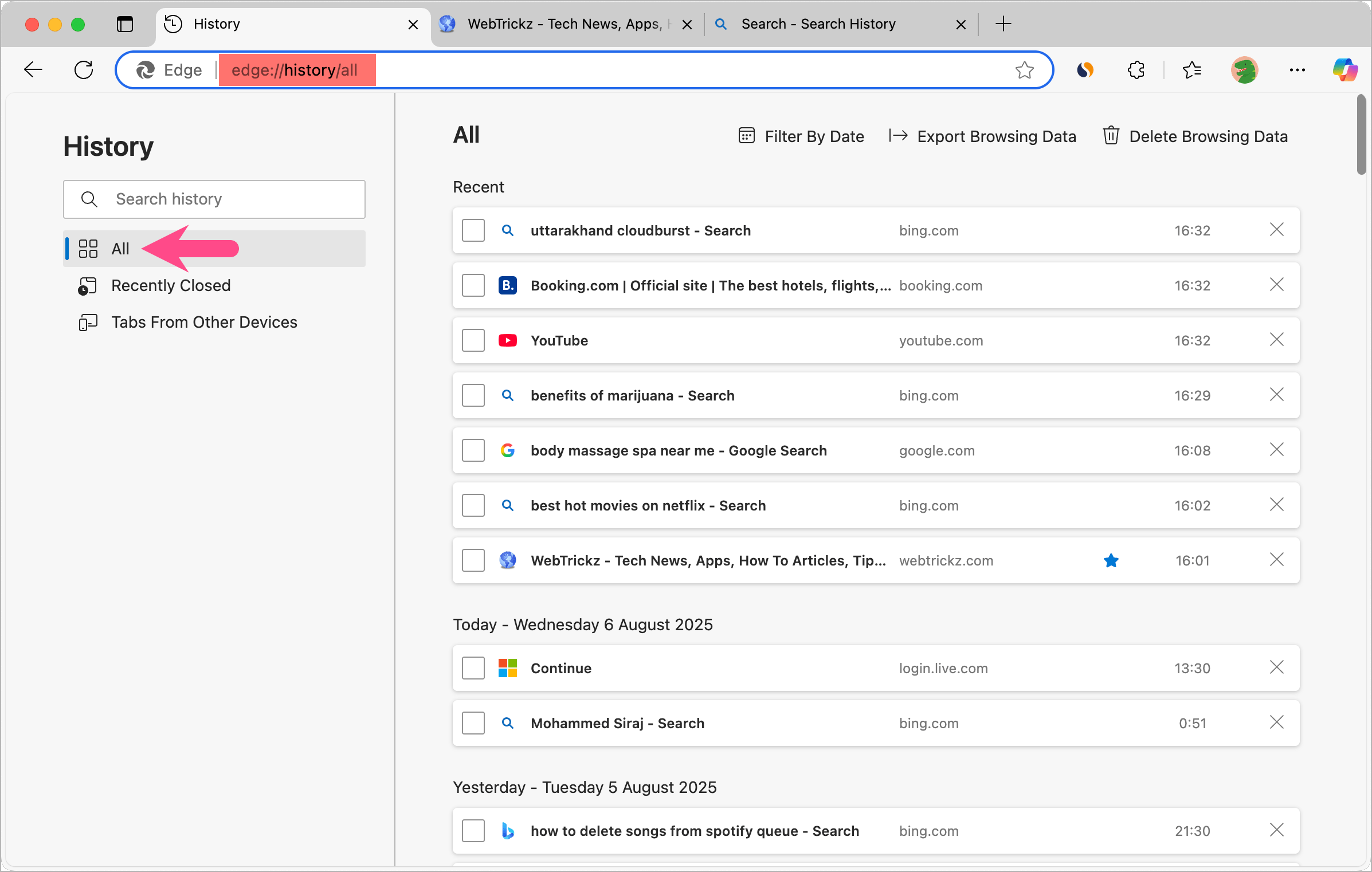 how to find your search history in microsoft edge