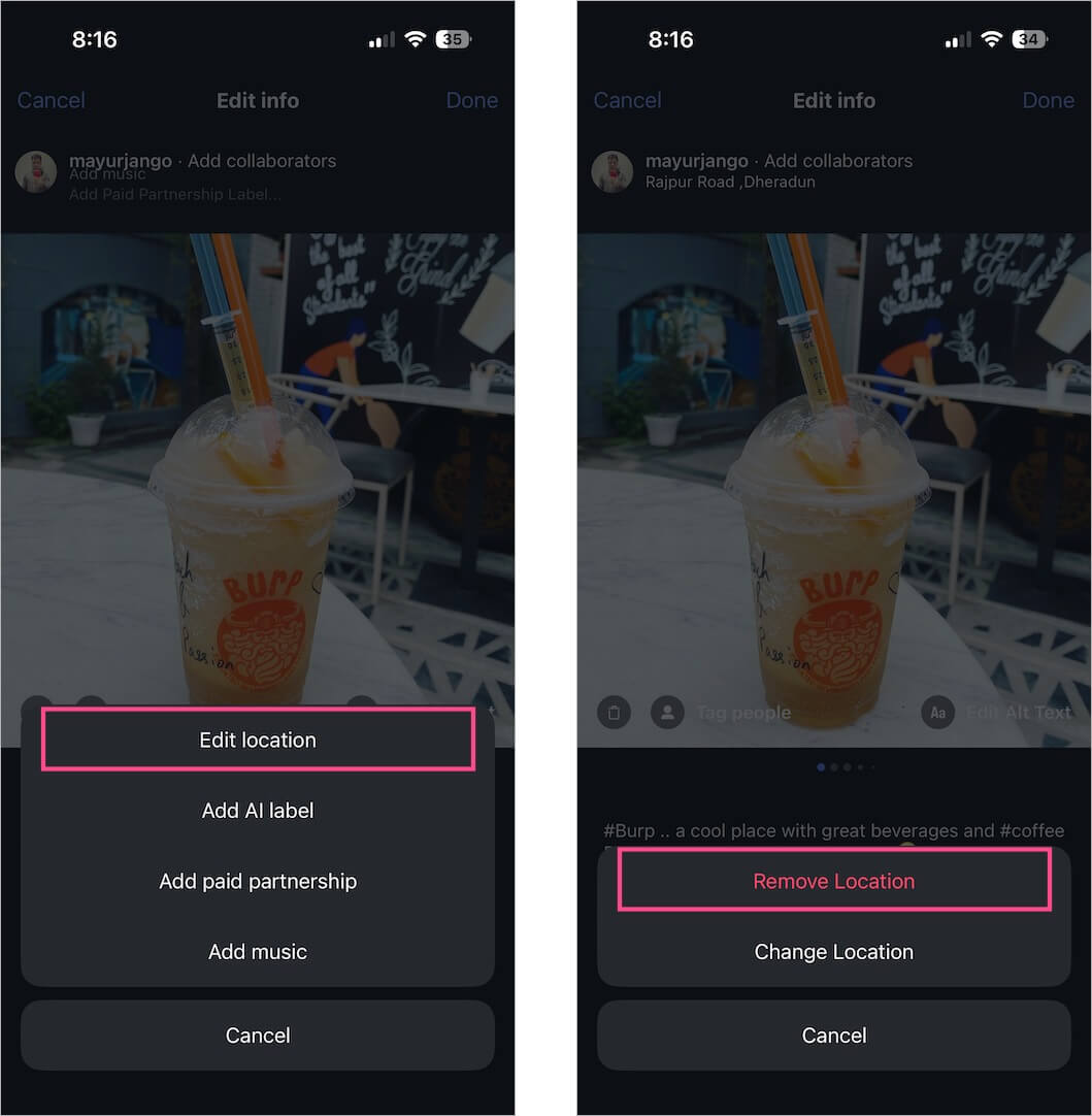 how to remove location from instagram post on iphone