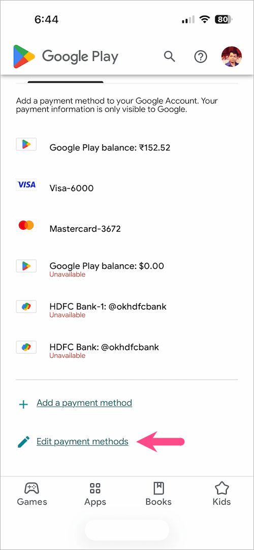 how to delete payment method from google play account on iphone