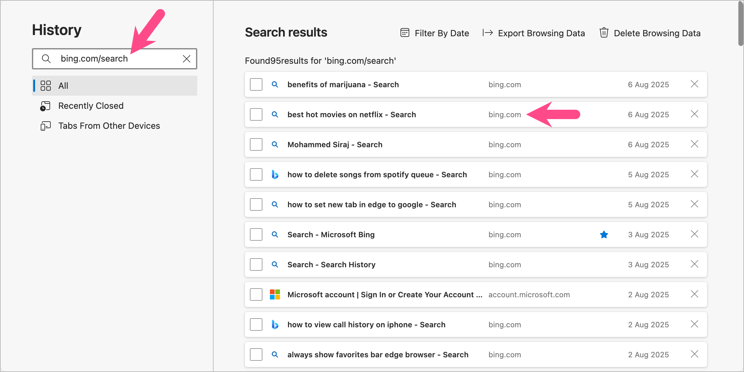 check search history completely on microsoft edge