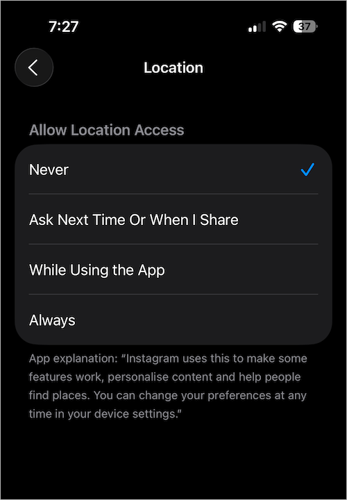 how to turn off location on instagram