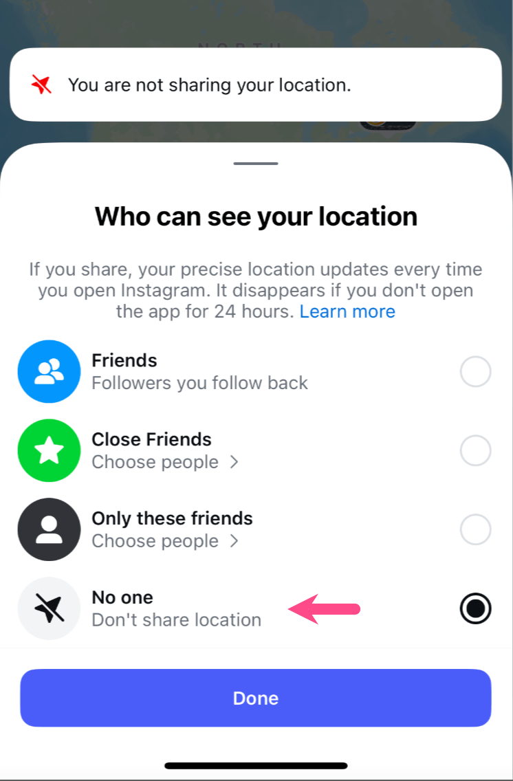 turn off map location on instagram on iphone