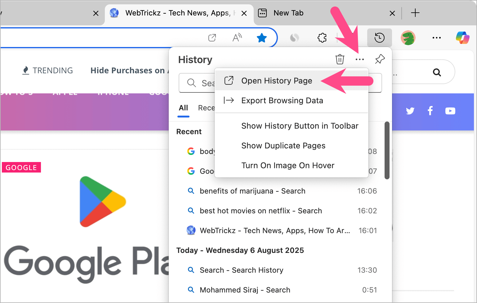 how to access search history page on microsoft edge
