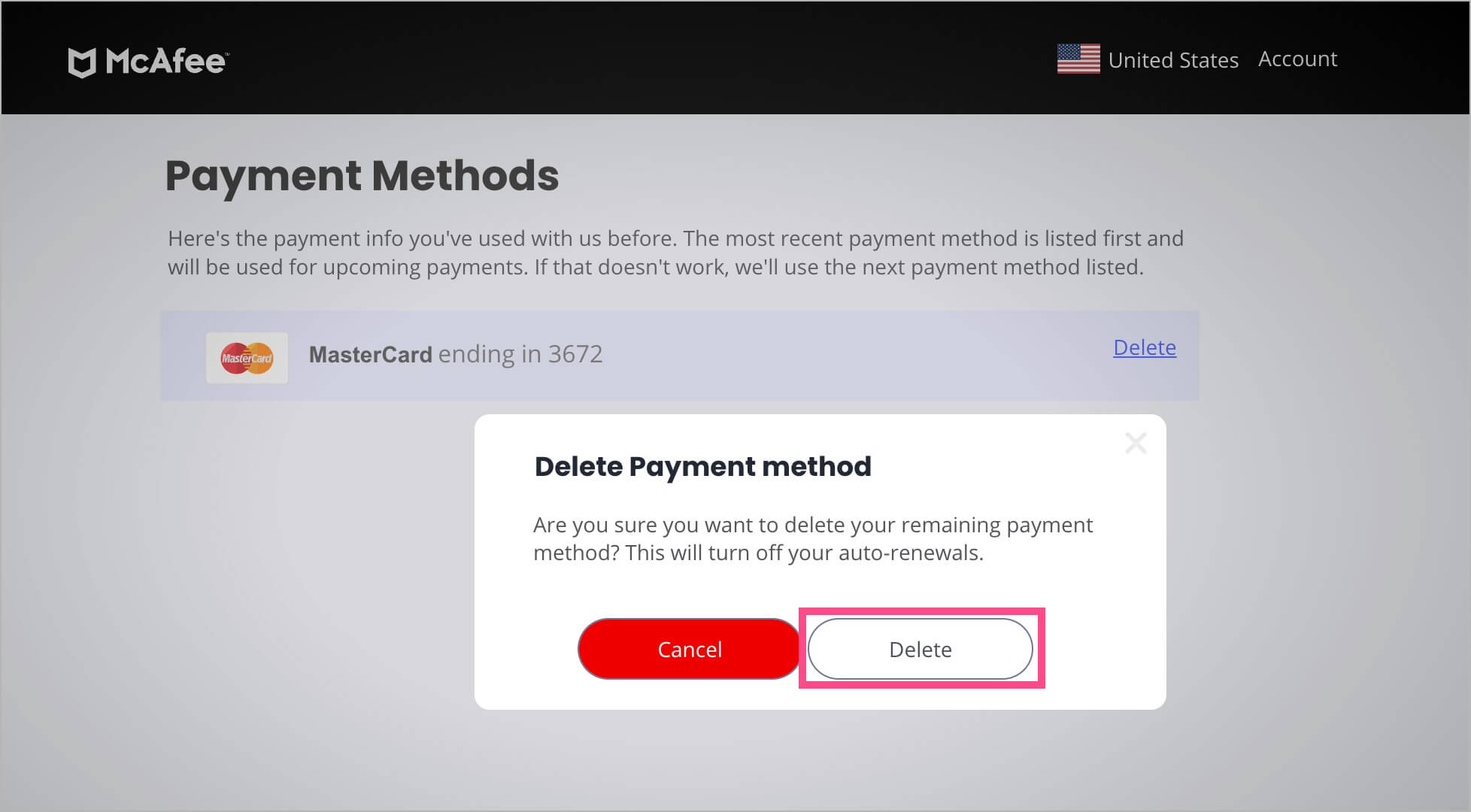 how to delete credit card info from mcafee account
