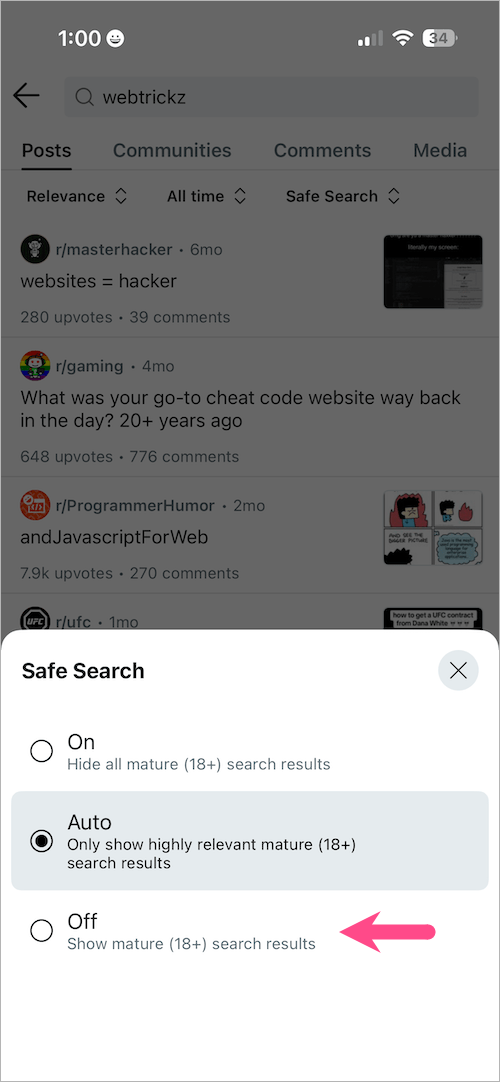 remove safe search from reddit app on iphone and android