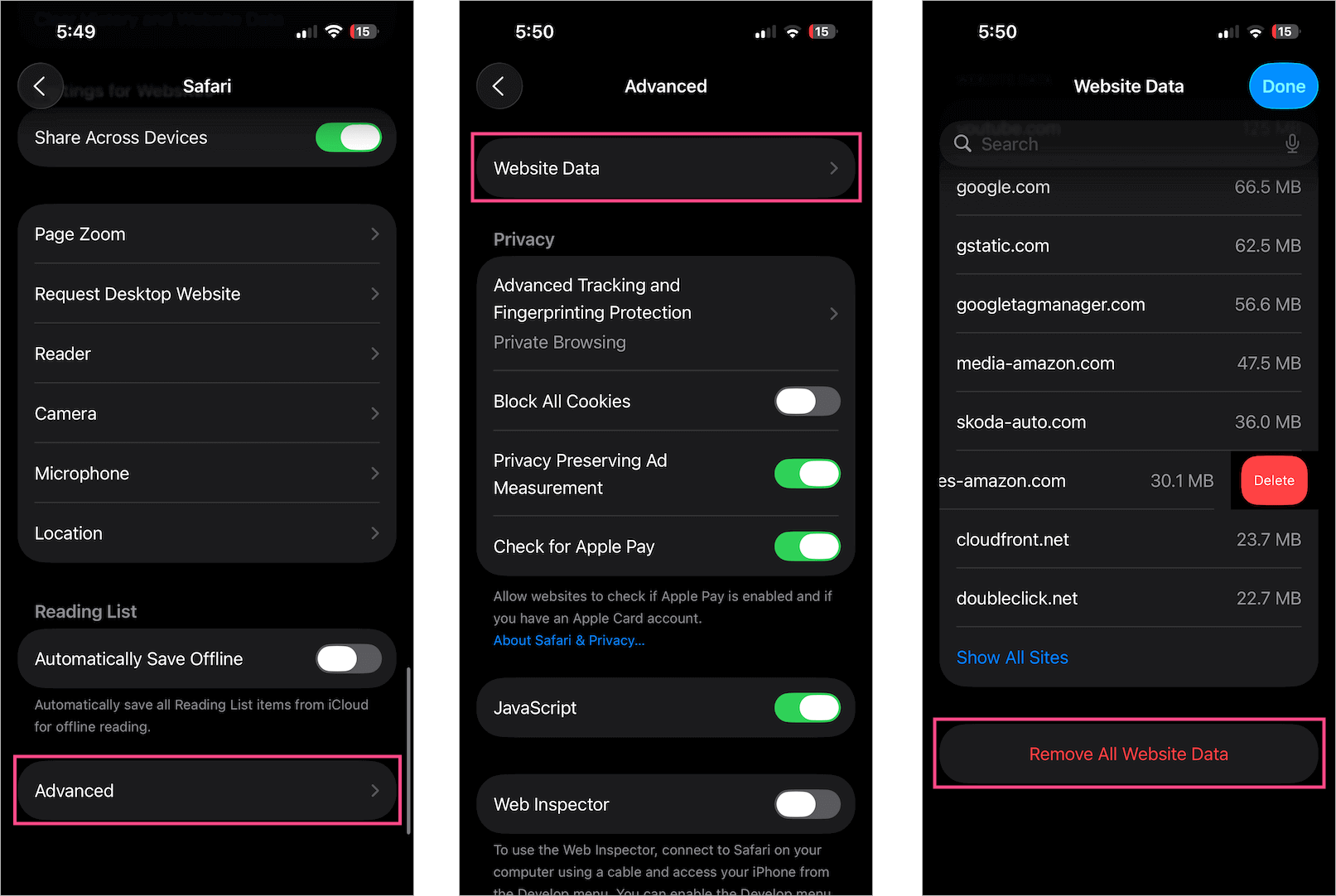 how to access Safari advanced settings on iPhone