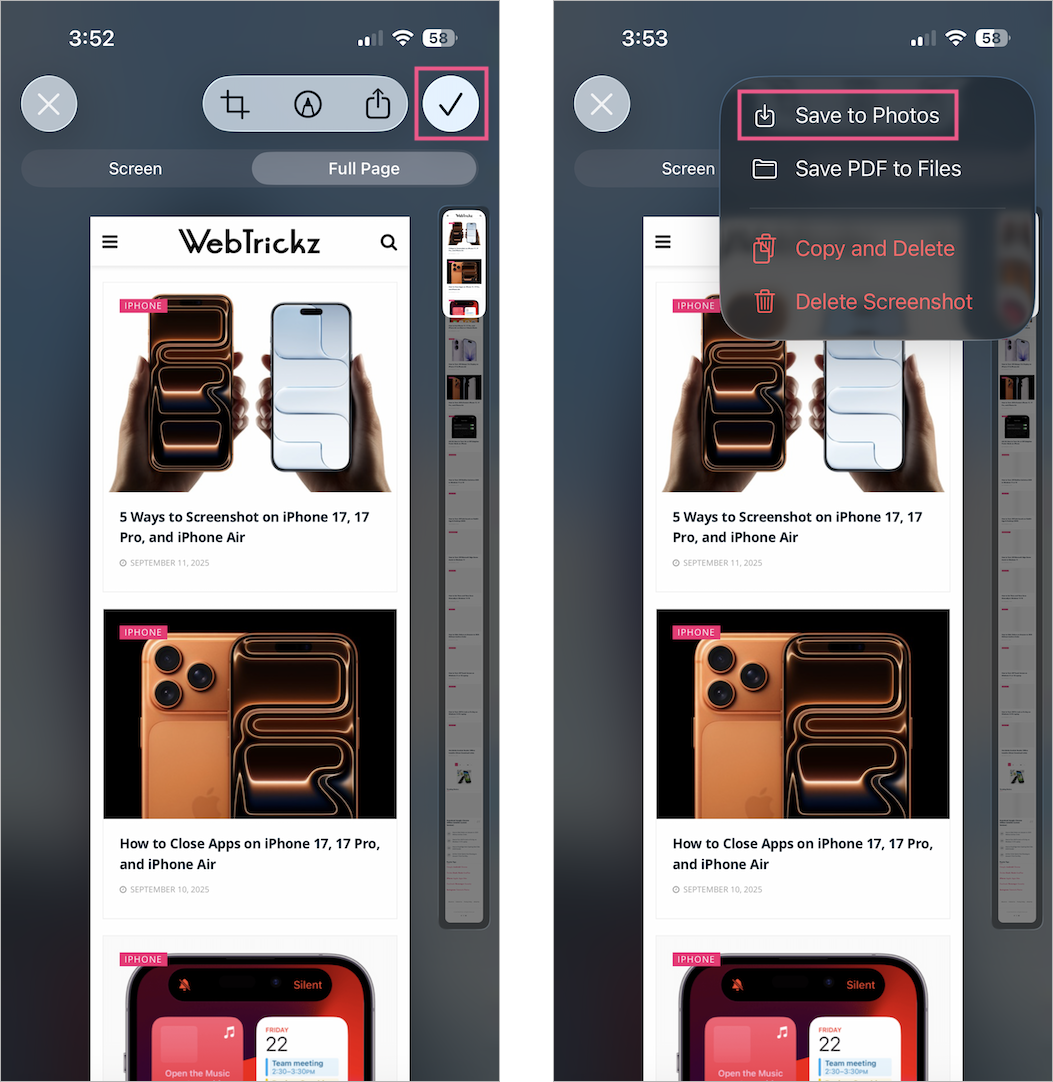 how to take full page screenshot on iphone 17 and 17 pro