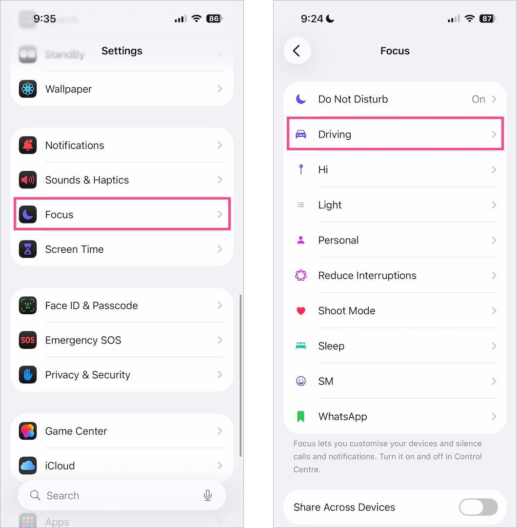 how to turn off driving focus in ios 18 and ios 26 on iphone