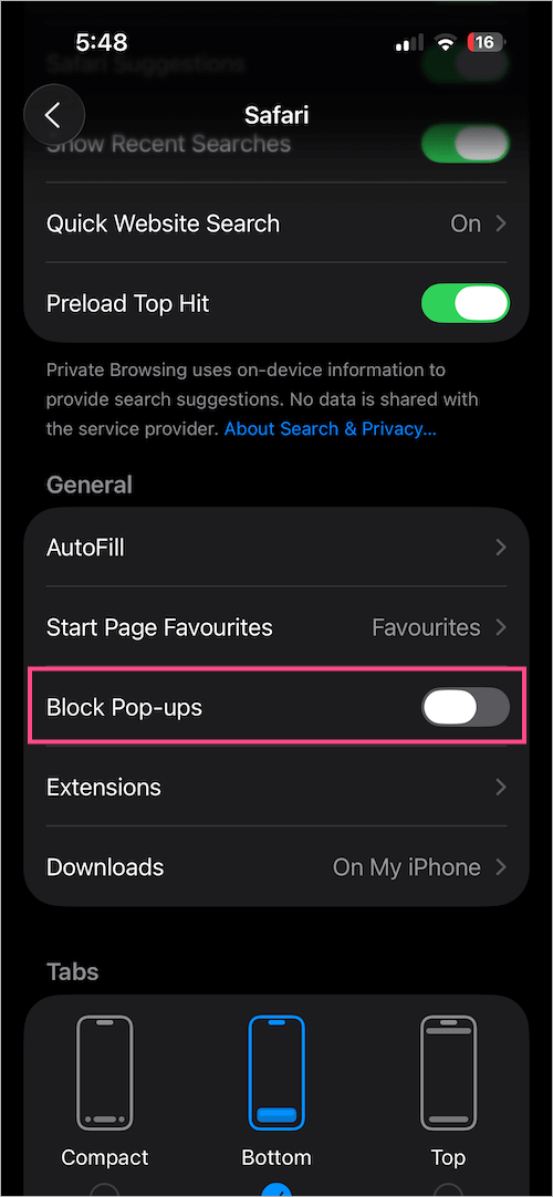 turn off pop-up blocker in Safari on iphone