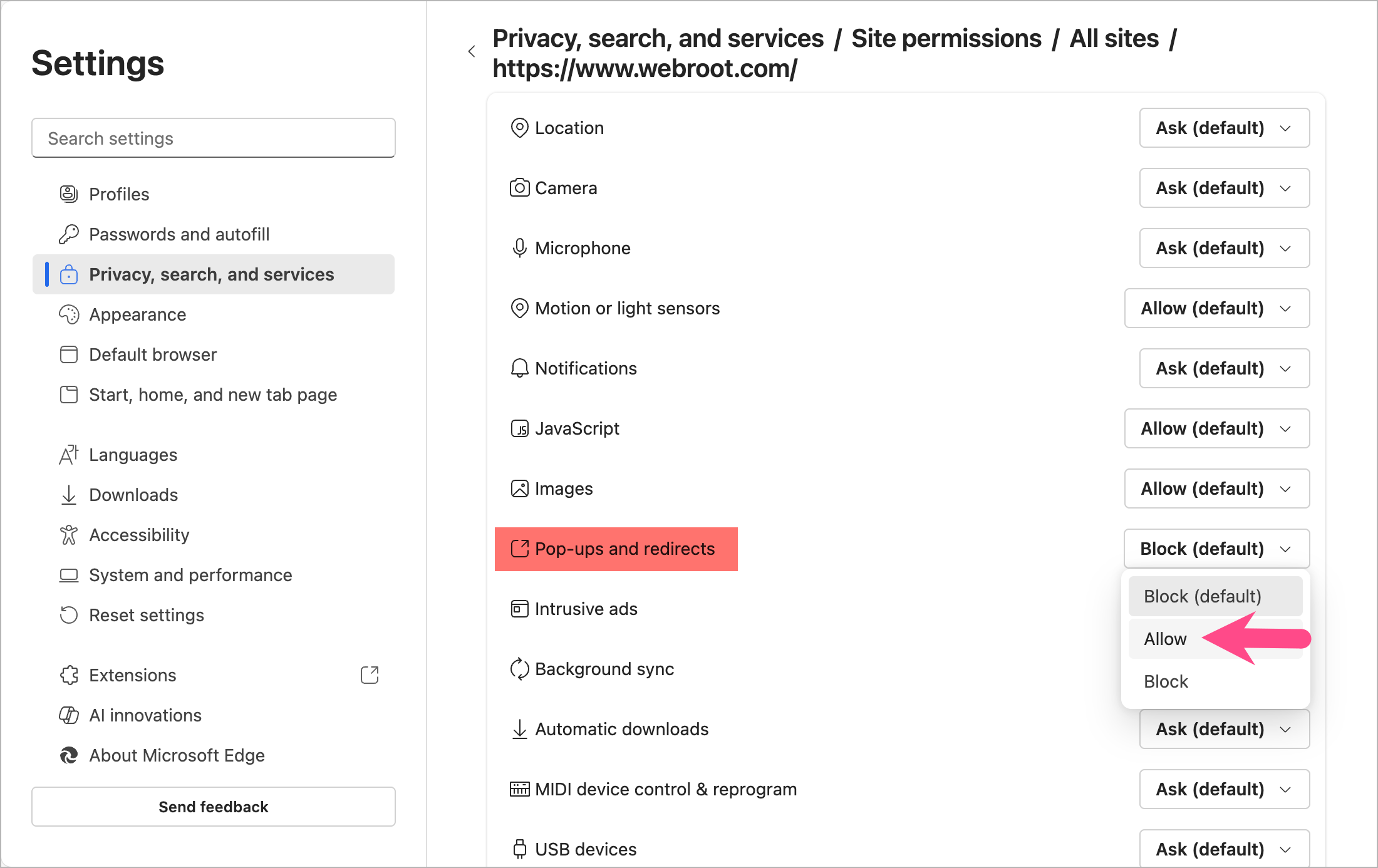 allow pop ups for specific website in edge