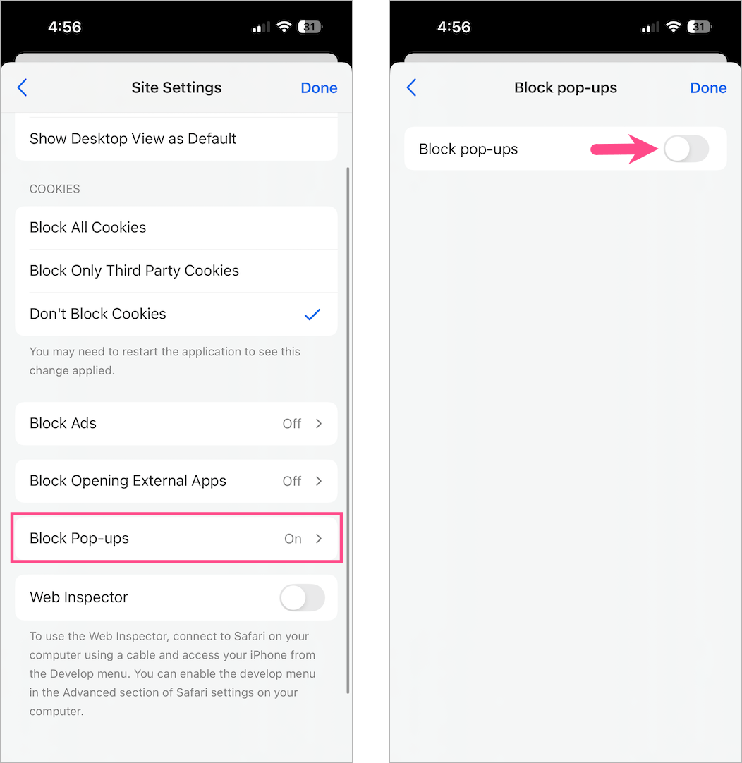 how to allow pop ups in Microsoft edge on iphone