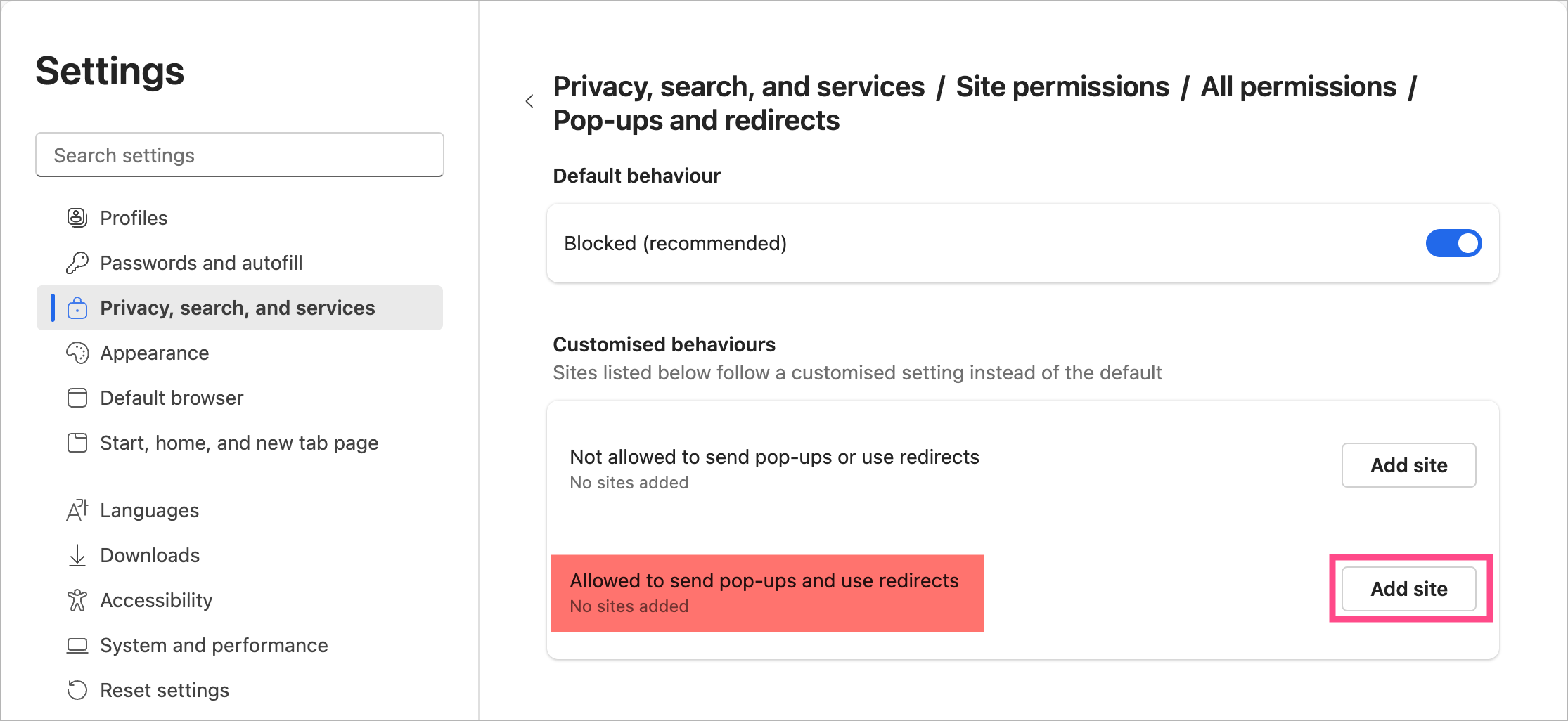 how to allow popups from a specific site in edge on windows or mac