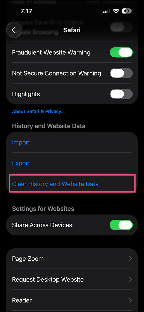 how to delete safari history in ios 26 on iPhone