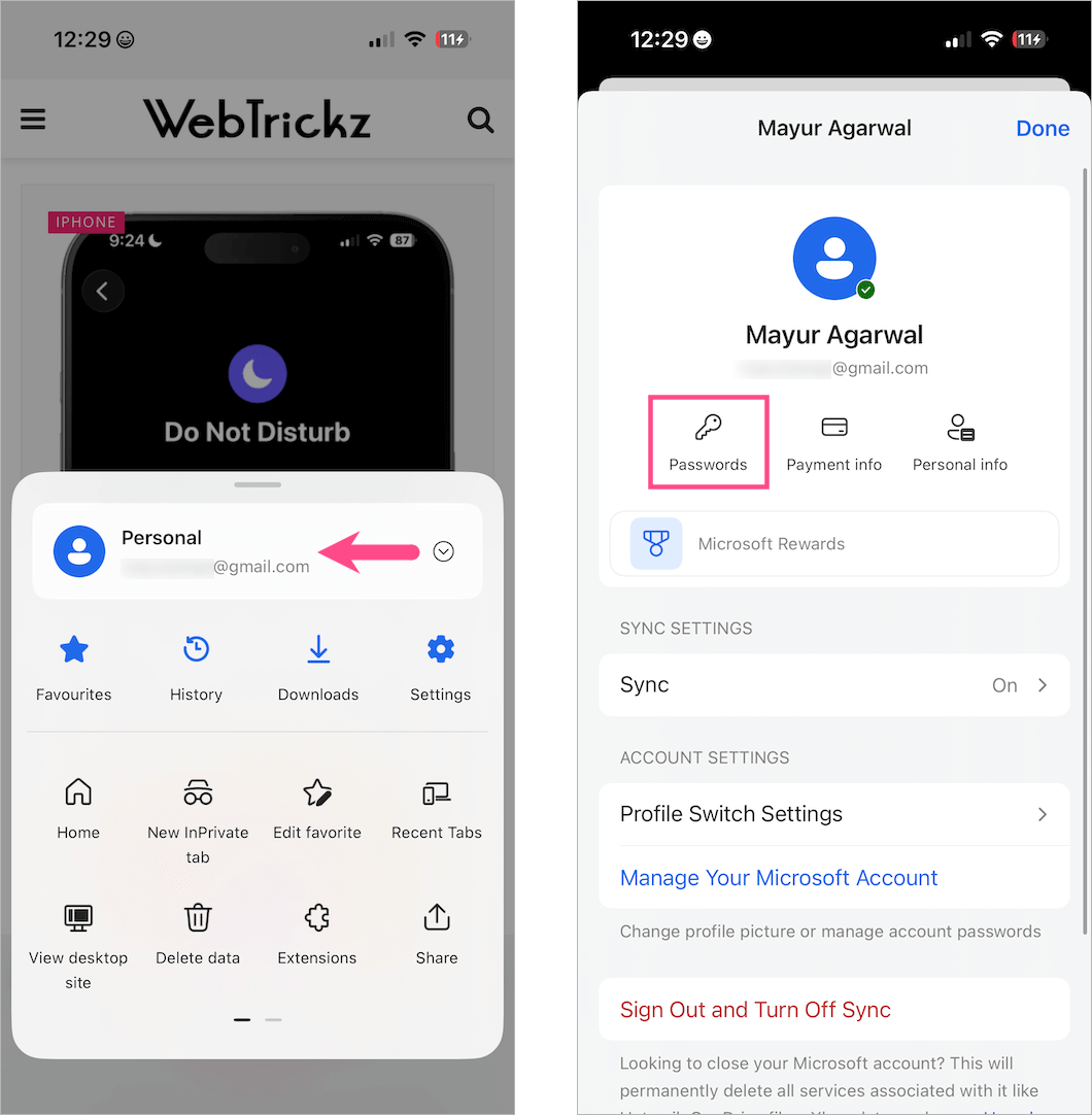 how to view saved passwords in edge on iphone and android