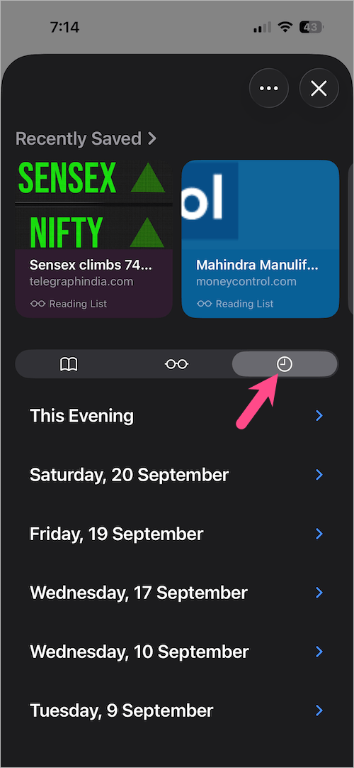 where is history in safari app on iphone