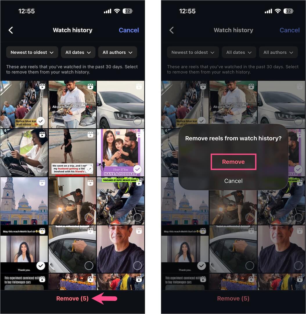how to remove reels for watch history on instagram app
