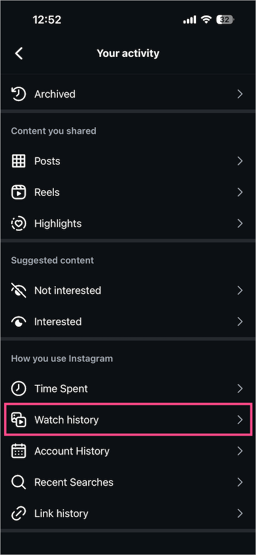 where is watch history on instagram app