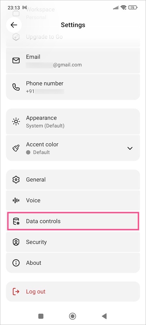 Data controls in ChatGPT on Android