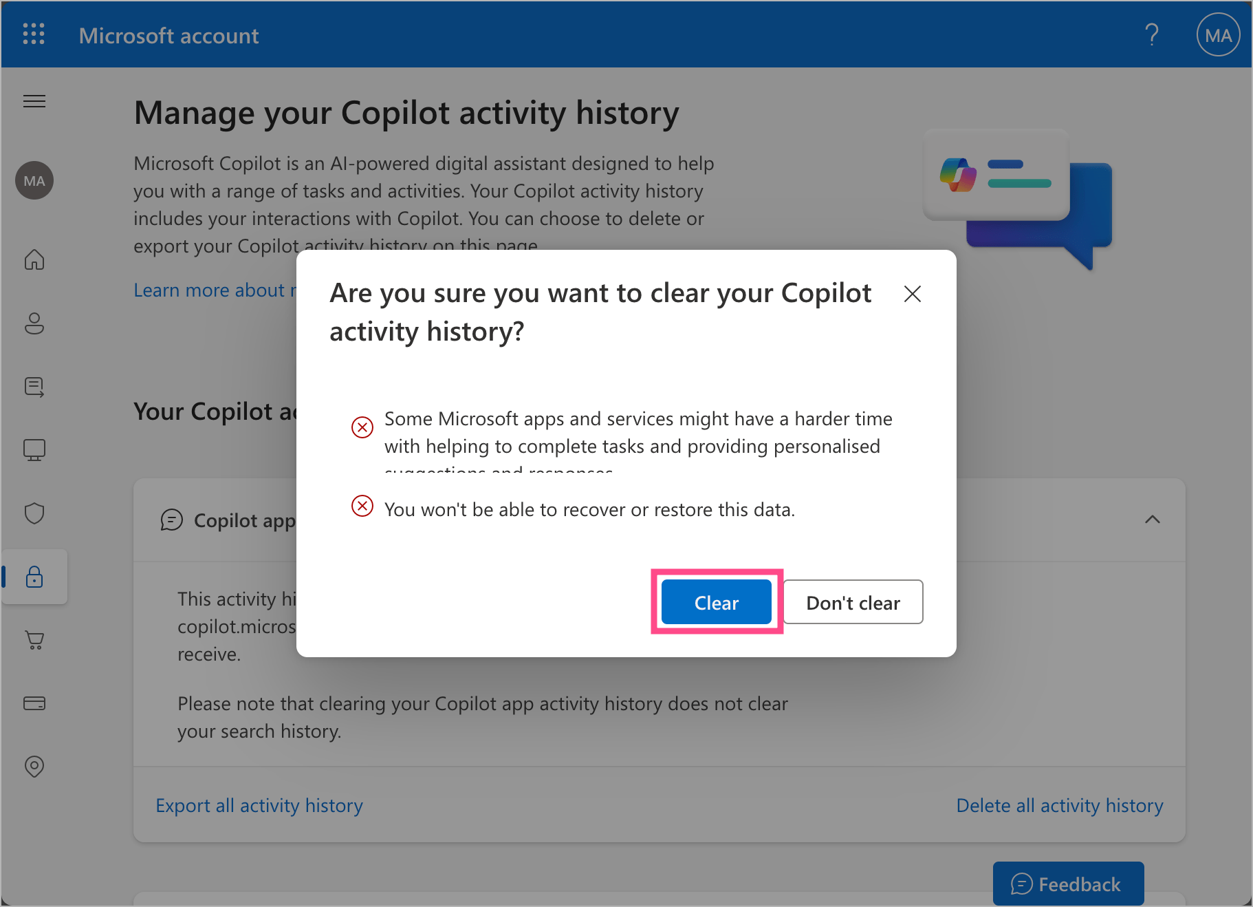 how to clear all copilot chats at once on windows 11