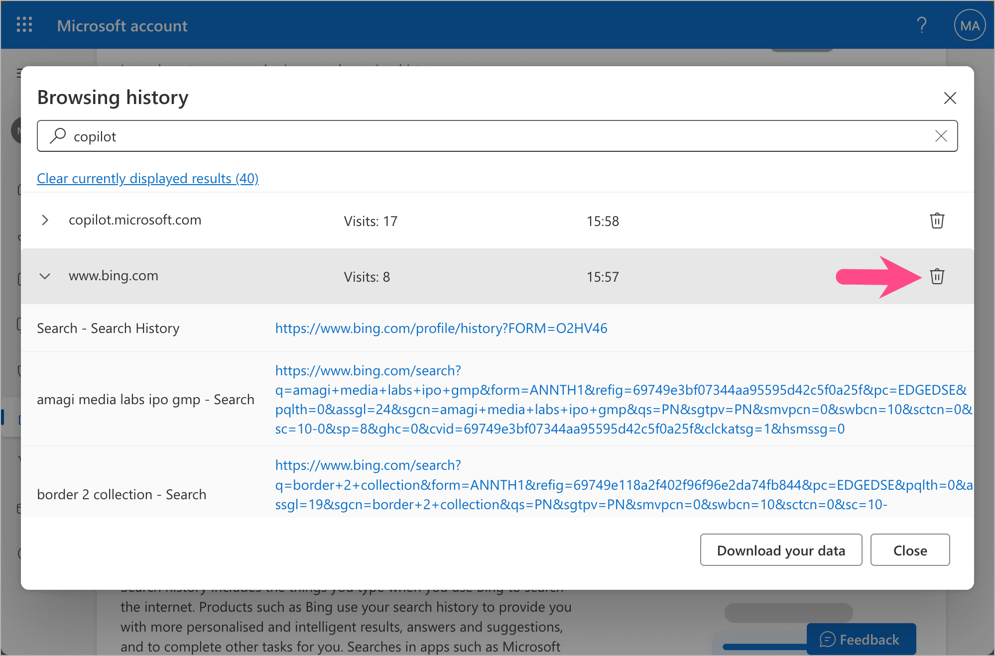 delete specific searches in copilot search history