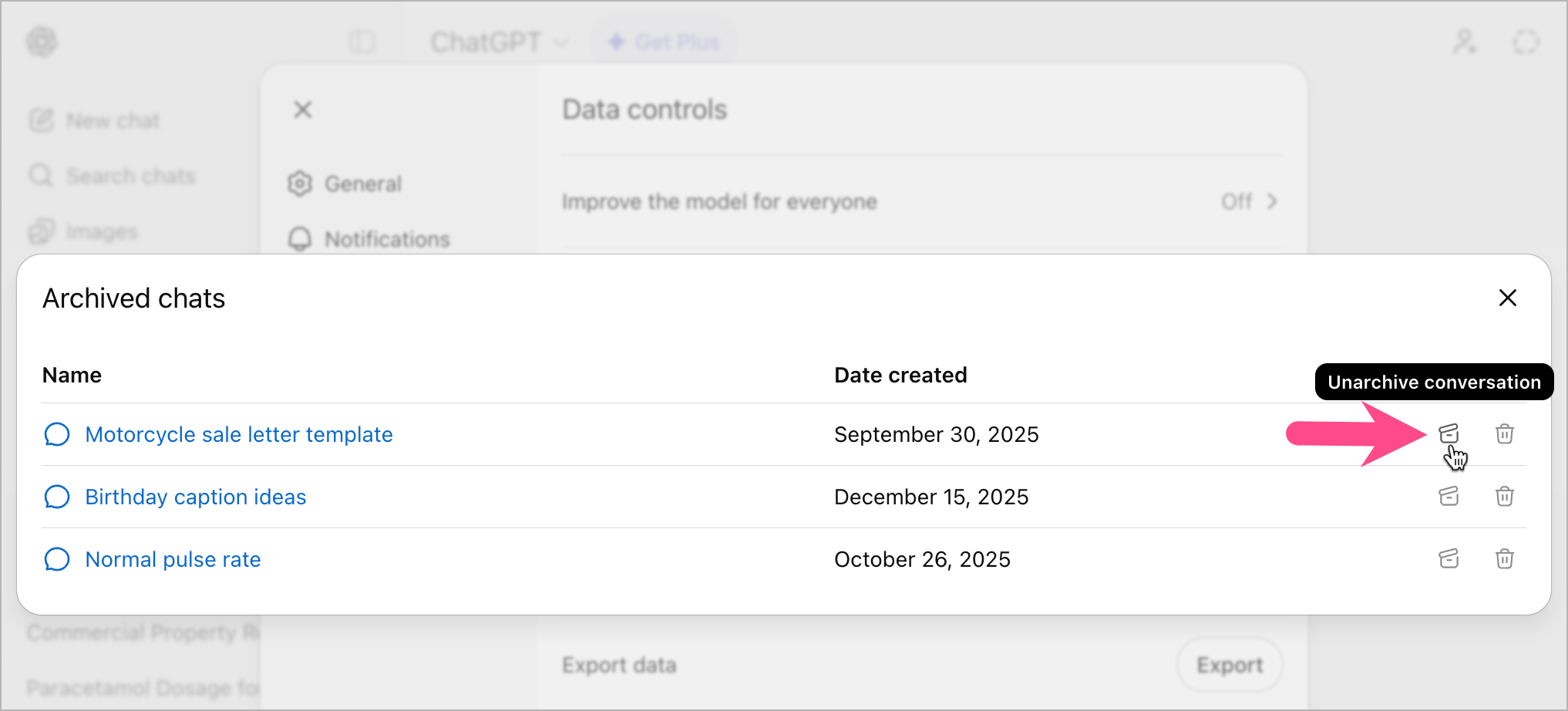 how to unarchive a chat conversation on chatgpt website
