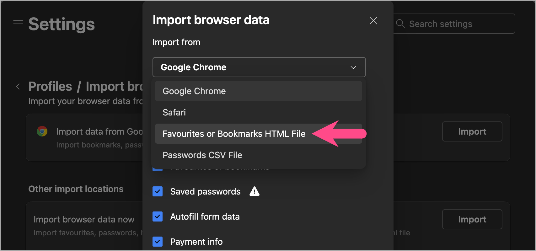 how to import favorites in edge from another browser