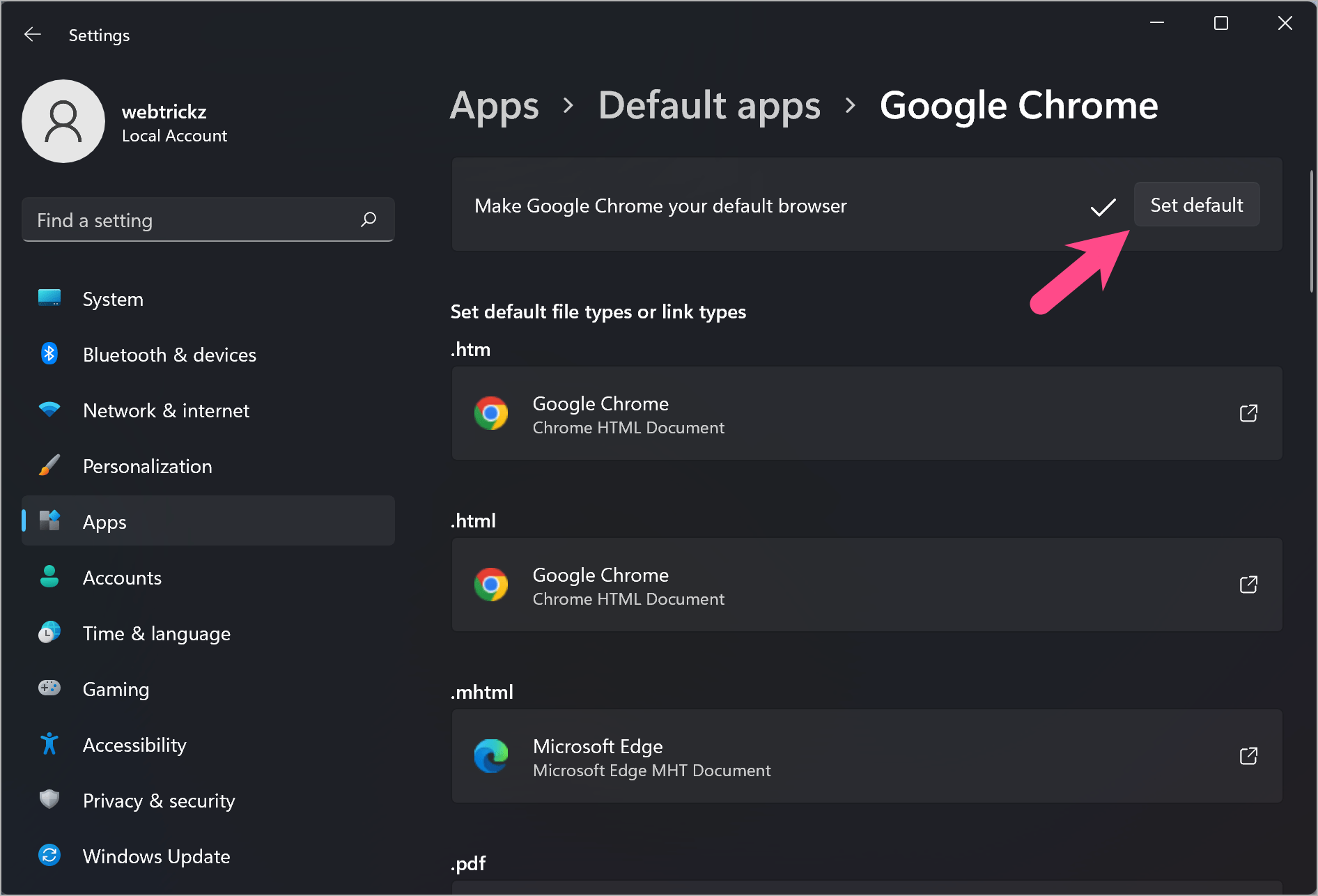 how to make google chrome default in windows 11