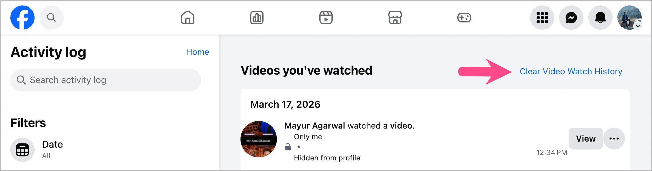 how to delete entire video watch history on facebook