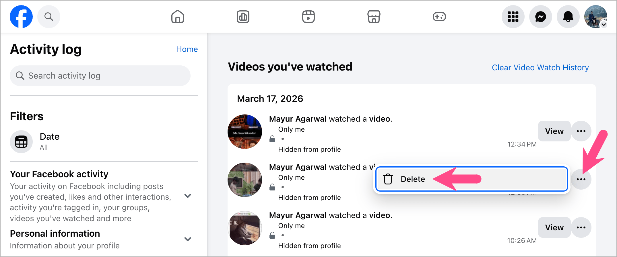 how to delete recently watched reels on facebook