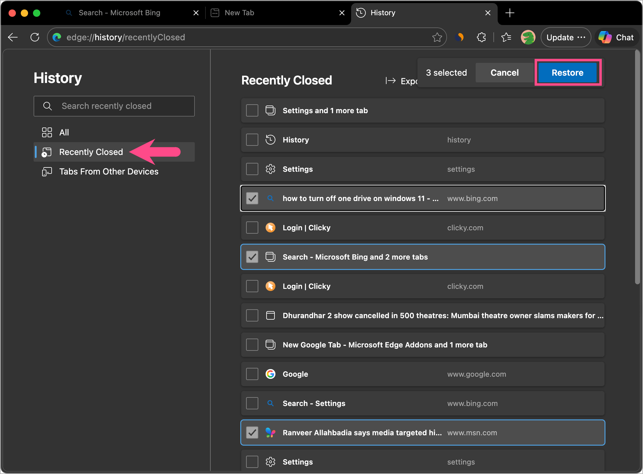 how to reopen all closed tabs in edge