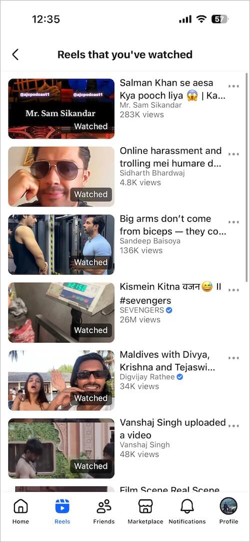 how to check previously watched reels on facebook