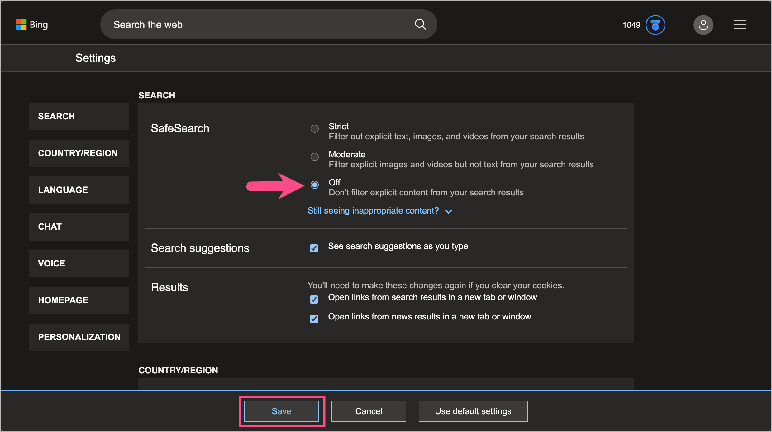how to turn off safe search on microsoft edge