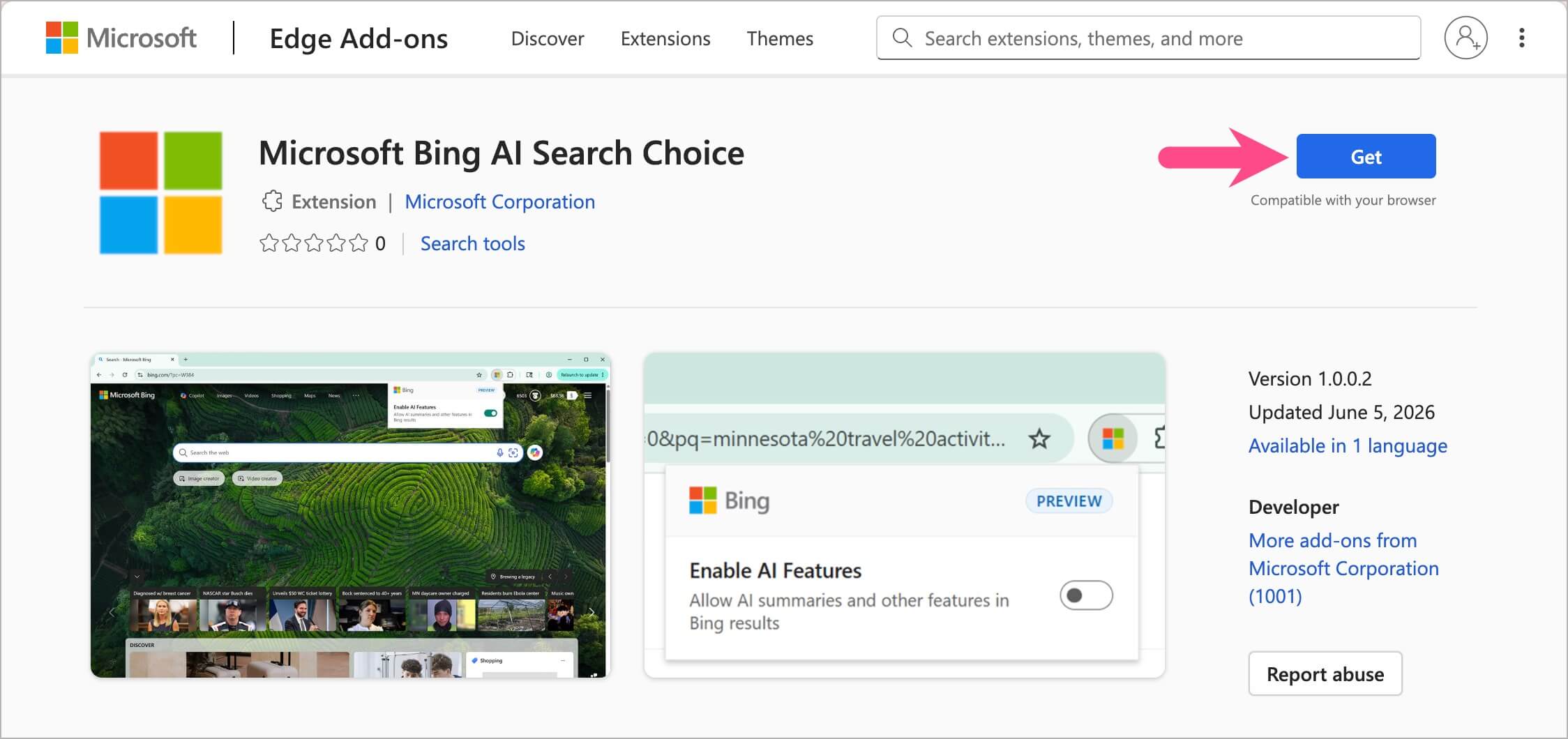 install Microsoft Bing AI Search Choice extension in edge