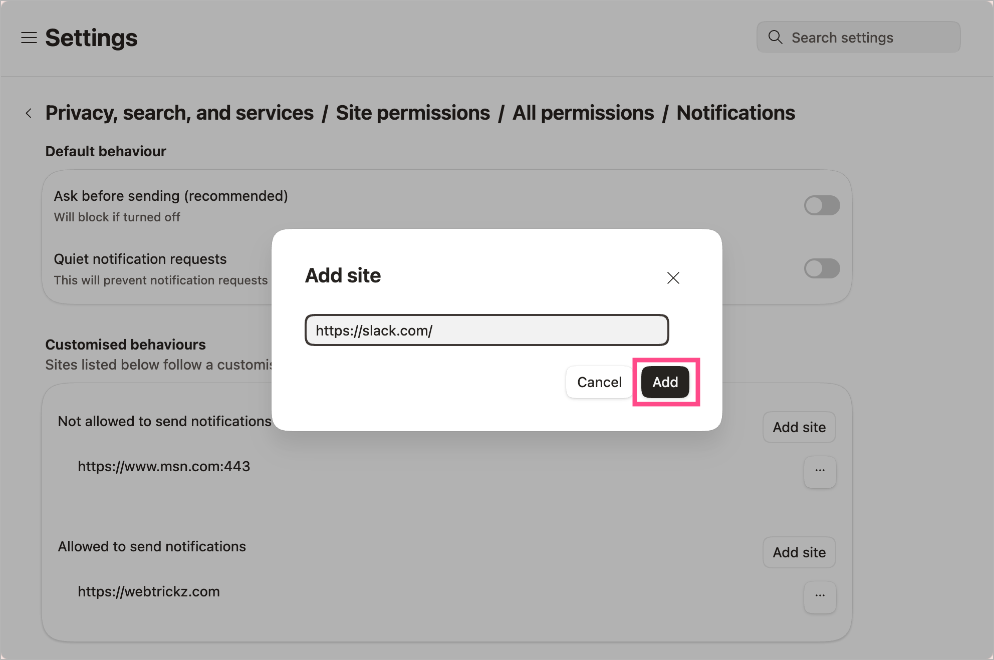 add website to allowed notifications list in edge