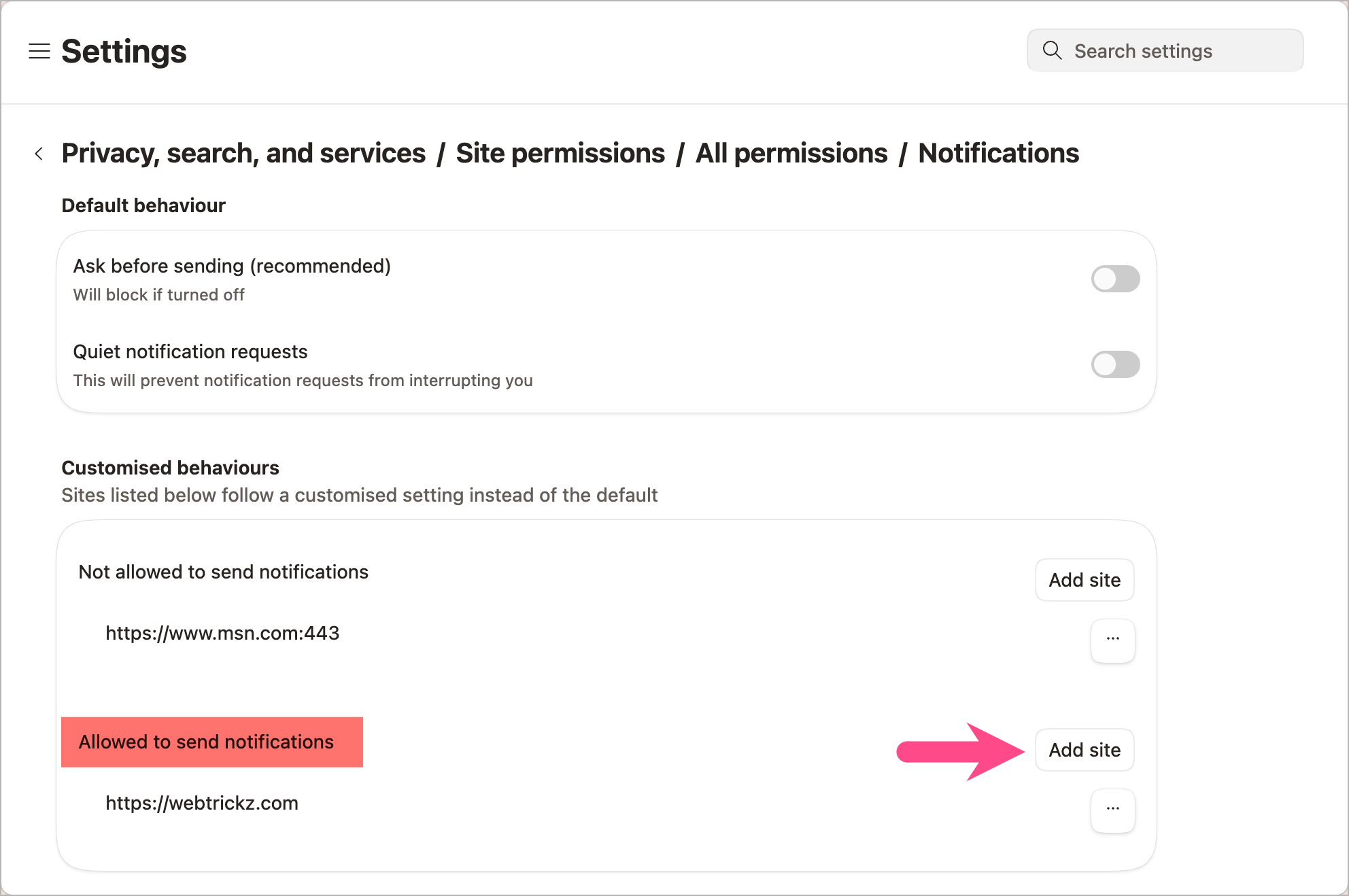 allow notifications from certain websites in edge