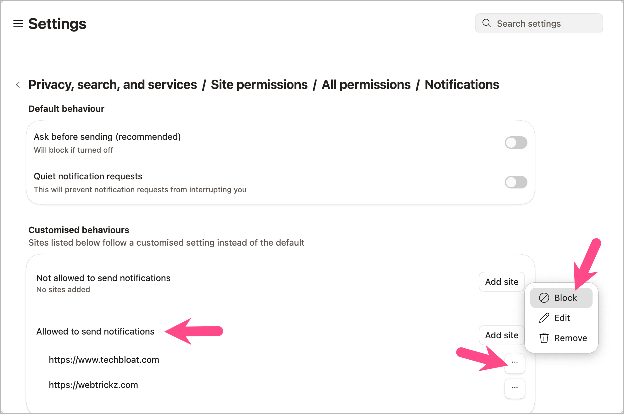 block notifications in microsoft edge for specific sites